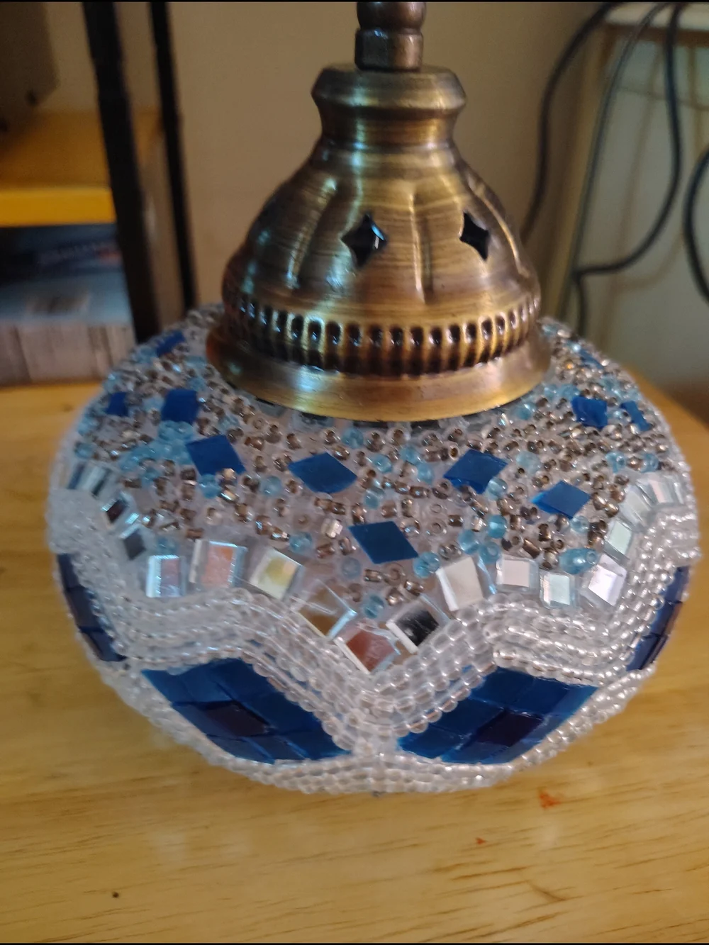 Handcrafted Mosaic Blue Glass Lantern with Antique Brass Accent - Unbranded